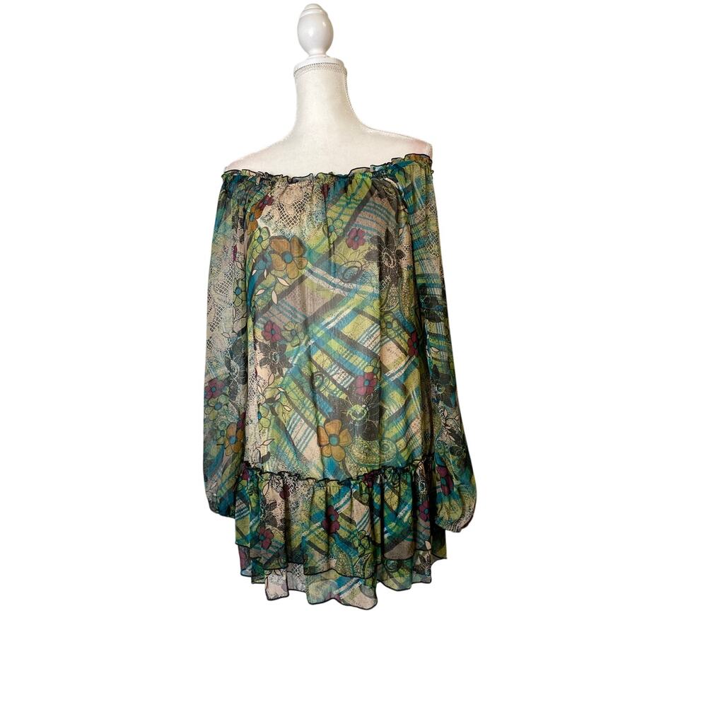 american rag cie off shoulder Ruffled Hem Flowy dress green floral boho sz xs